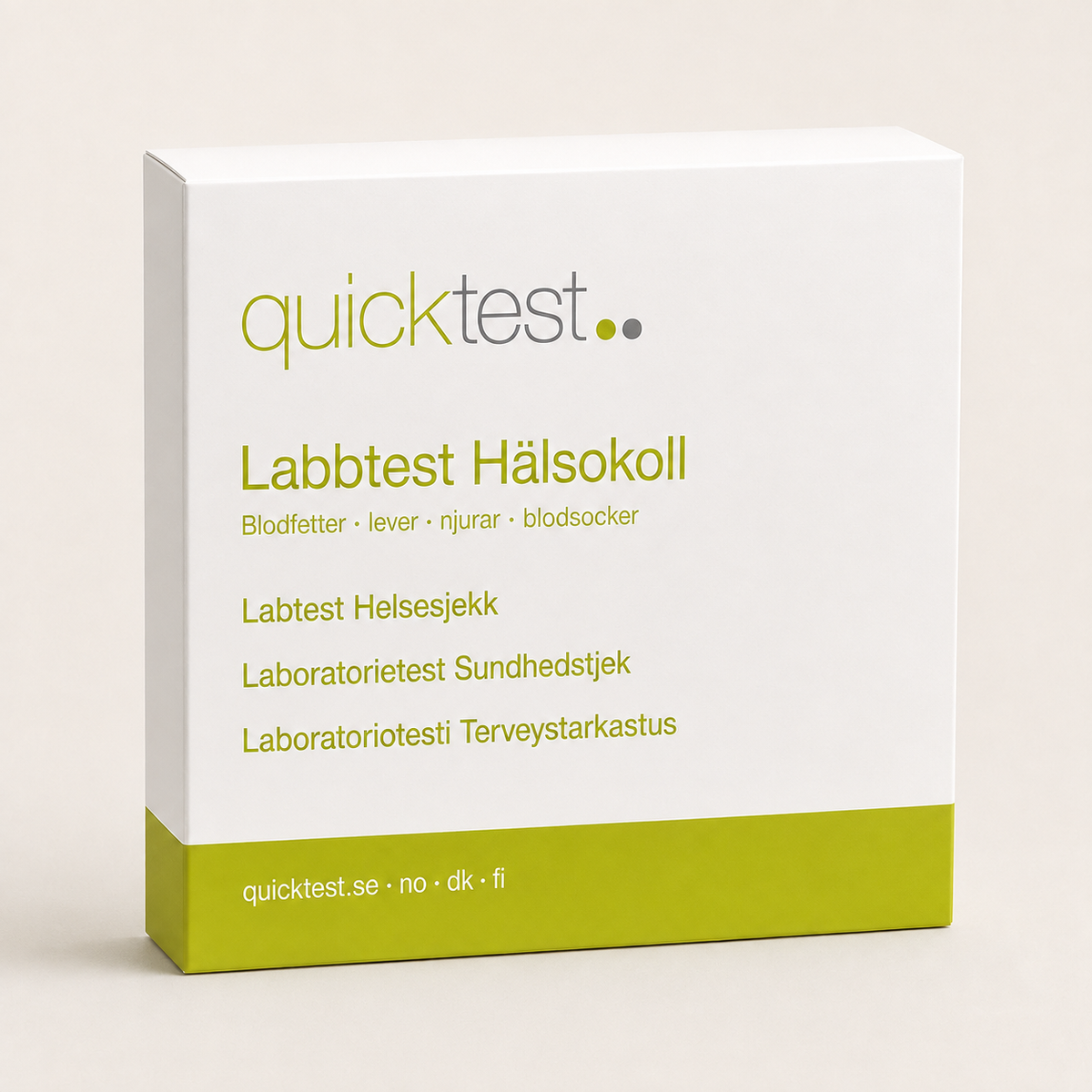 Quicktest Hälsokoll – blodfetter, lever, njurar & blodsocker – förpackning för labbtest hemma