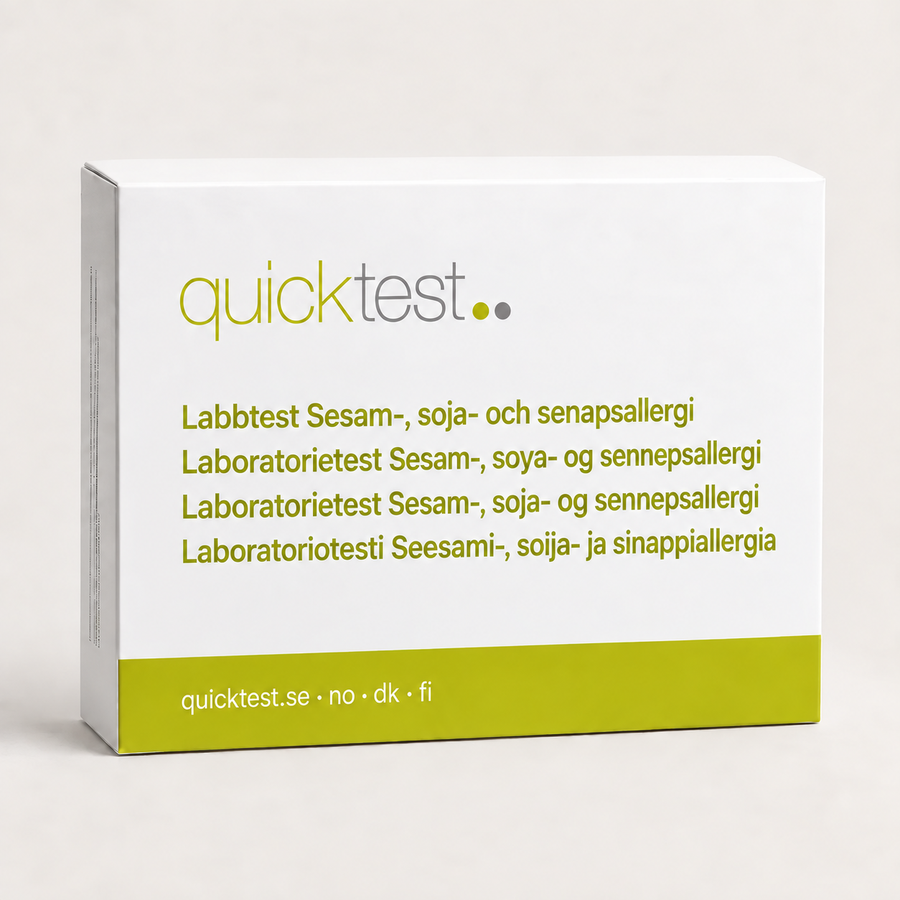 Quicktest Sesam-, soja- och senapsallergi – förpackning för allergilabbtest med provtagning hemma, på svenska, norska, danska och finska