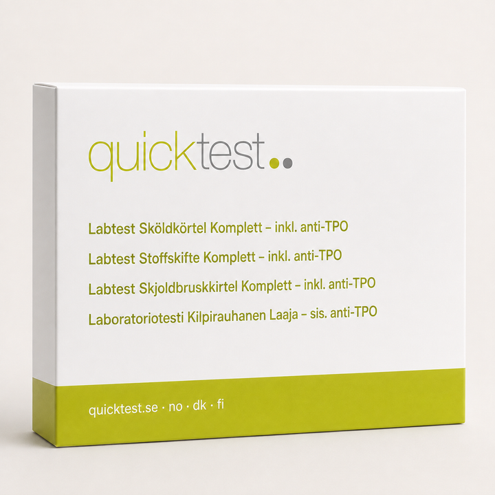 Quicktest Sköldkörteltest Stor – TSH, fT3, fT4 & TPO – förpackning för labbtest hemma