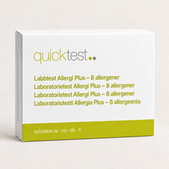 Quicktest Allergitest Plus – 8 allergener – förpackning för allergilabbtest med provtagning hemma, på svenska, norska, danska och finska