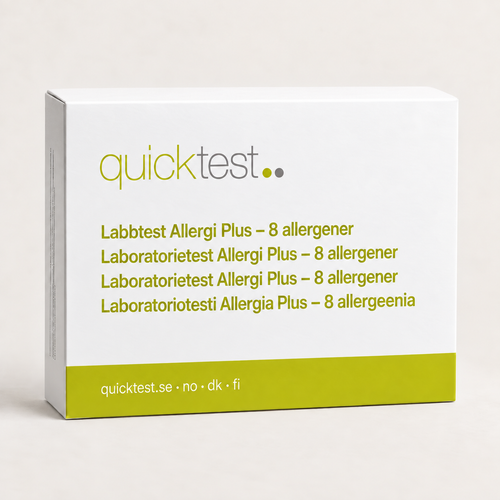 Quicktest Allergitest Plus – 8 allergener – förpackning för allergilabbtest med provtagning hemma, på svenska, norska, danska och finska