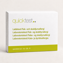 Quicktest Fisk- och skaldjursallergi – förpackning för allergilabbtest med provtagning hemma, på svenska, norska, danska och finska