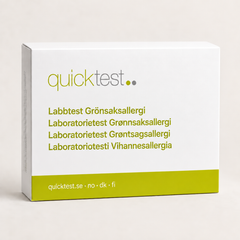 Quicktest Grönsaksallergi – förpackning för allergilabbtest med provtagning hemma, på svenska, norska, danska och finska