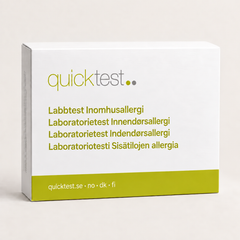 Quicktest Inomhusallergi – förpackning för allergilabbtest med provtagning hemma, på svenska, norska, danska och finska