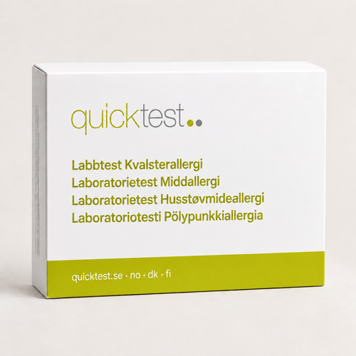 Quicktest Kvalsterallergi – förpackning för allergilabbtest med provtagning hemma, på svenska, norska, danska och finska