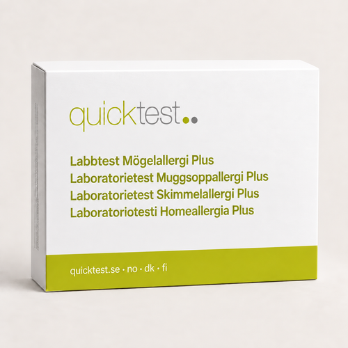 Quicktest Mögelallergi Plus – förpackning för allergilabbtest med provtagning hemma, på svenska, norska, danska och finska