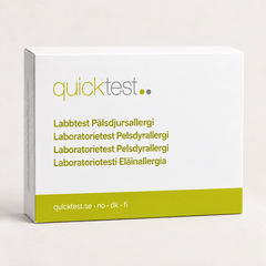 Quicktest Pälsdjursallergi – förpackning för allergilabbtest med provtagning hemma, på svenska, norska, danska och finska