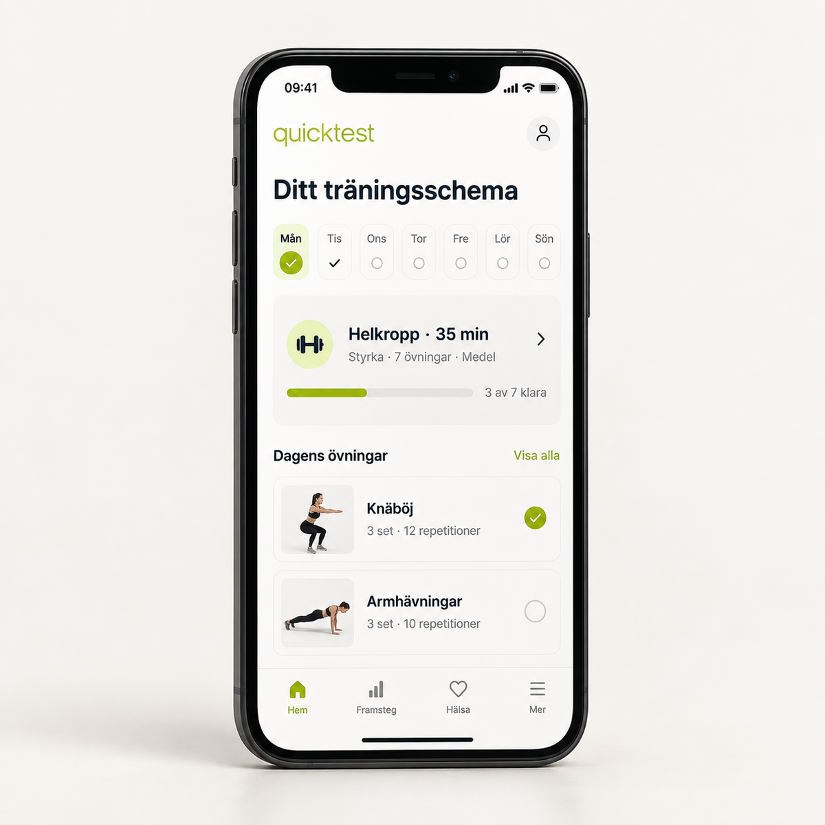 Personligt träningsschema i Quicktests Hälsoportal visat på en iPhone