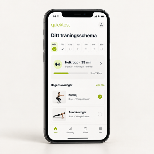 Personligt träningsschema i Quicktests Hälsoportal visat på en iPhone