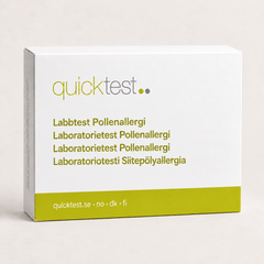 Quicktest Pollenallergi – förpackning för allergilabbtest med provtagning hemma, på svenska, norska, danska och finska