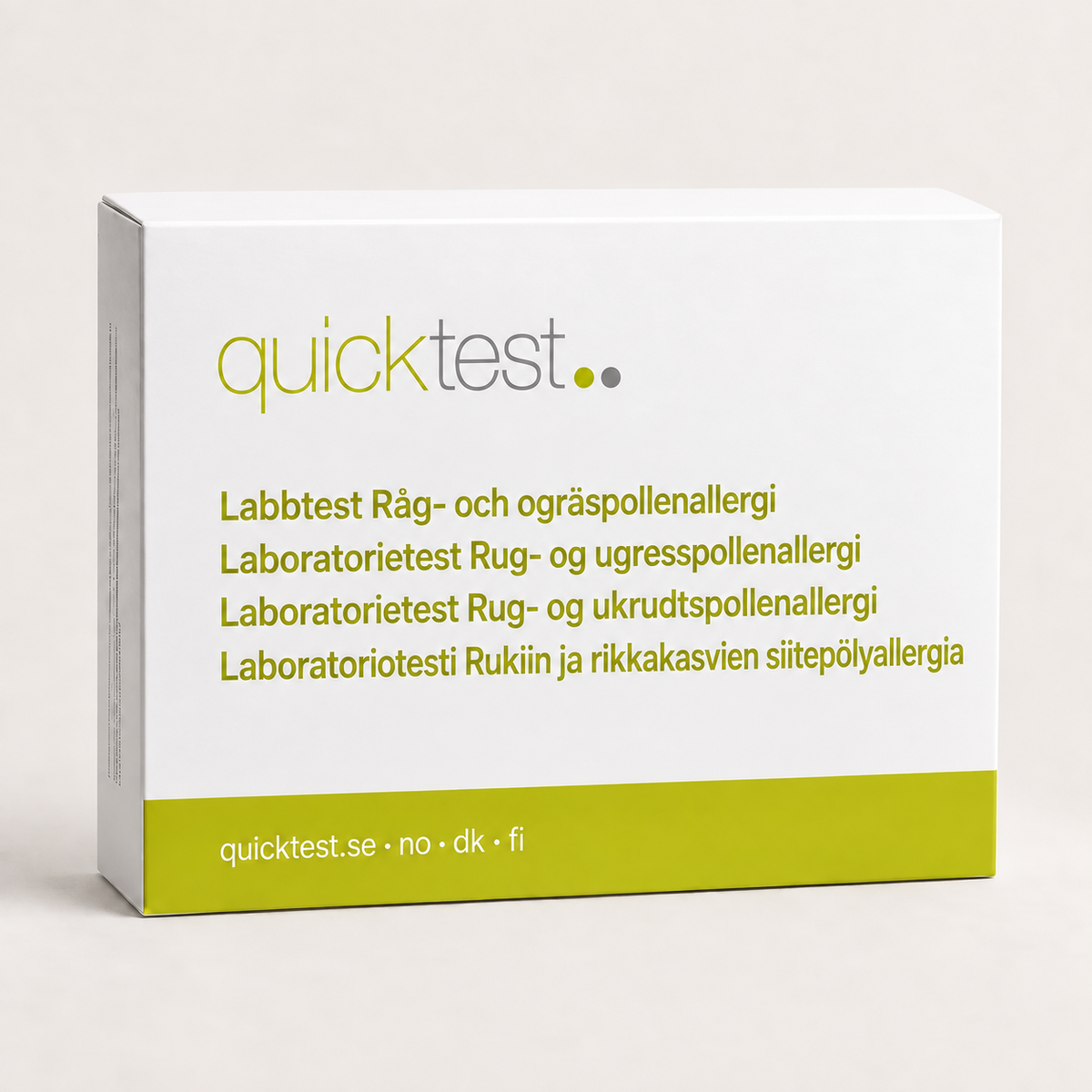 Quicktest Råg- och ogräspollenallergi – förpackning för allergilabbtest med provtagning hemma, på svenska, norska, danska och finska