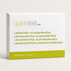 Quicktest Råg- och ogräspollenallergi – förpackning för allergilabbtest med provtagning hemma, på svenska, norska, danska och finska