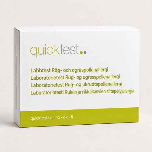 Quicktest Råg- och ogräspollenallergi – förpackning för allergilabbtest med provtagning hemma, på svenska, norska, danska och finska