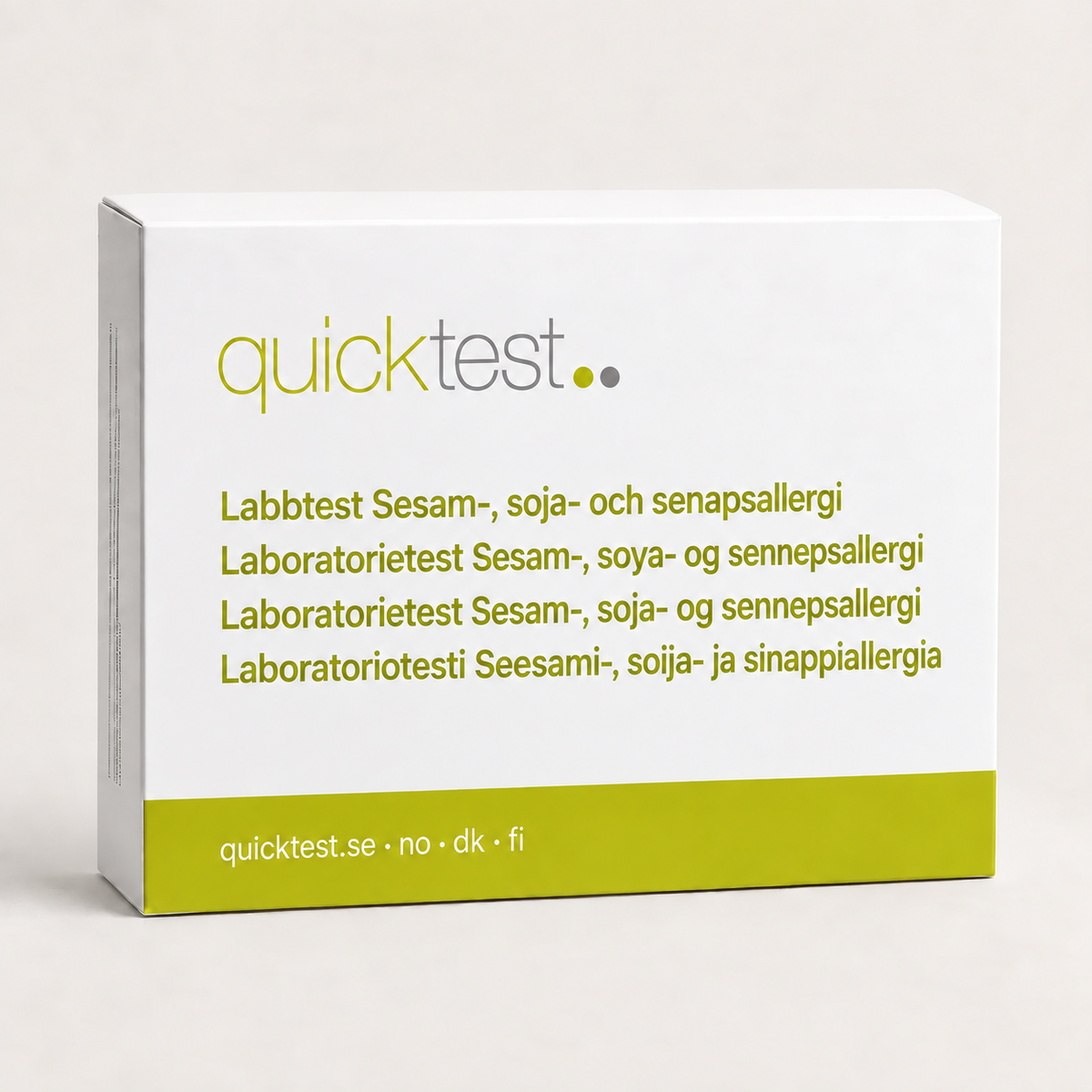 Quicktest Sesam-, soja- och senapsallergi – förpackning för allergilabbtest med provtagning hemma, på svenska, norska, danska och finska