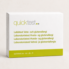 Quicktest Vete- och glutenallergi – förpackning för allergilabbtest med provtagning hemma, på svenska, norska, danska och finska